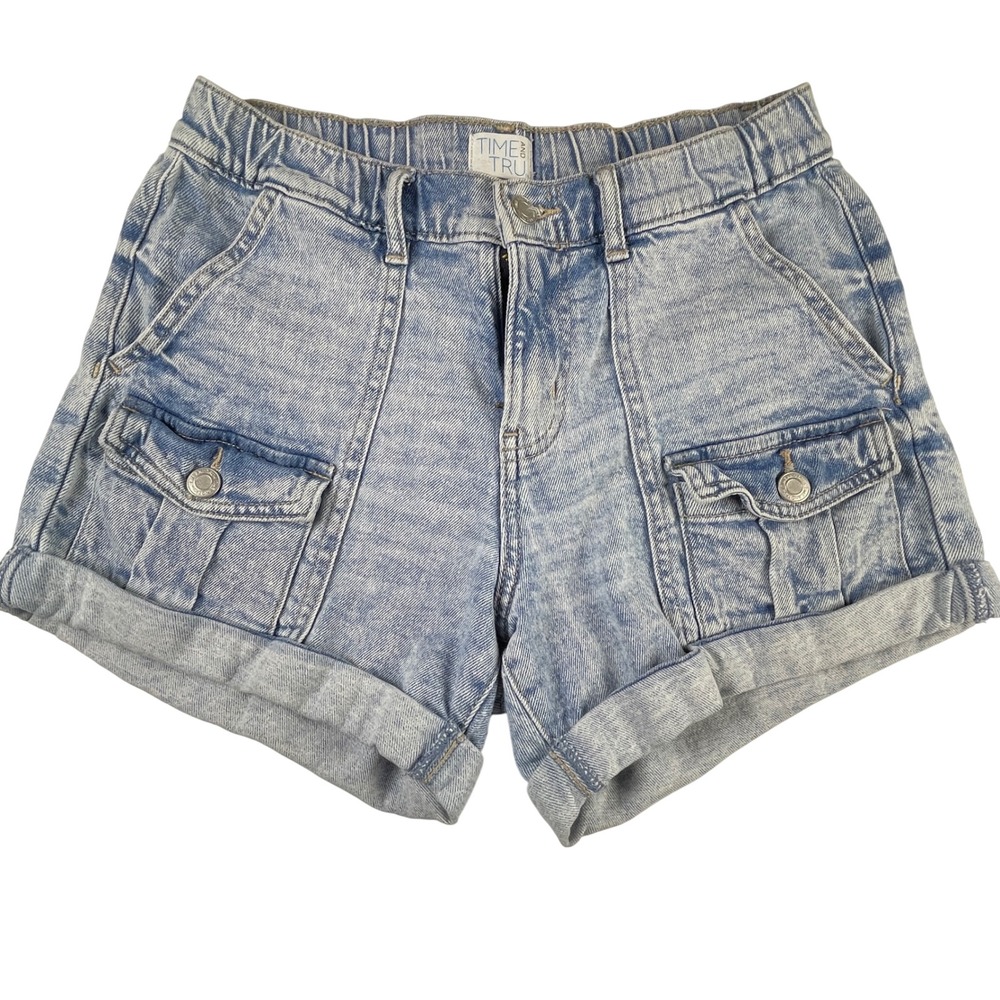 Time and Tru Jean Shorts Womens 2 Blue Light Wash Cargo Cuffed Elastic Back - Picture 2 of 7